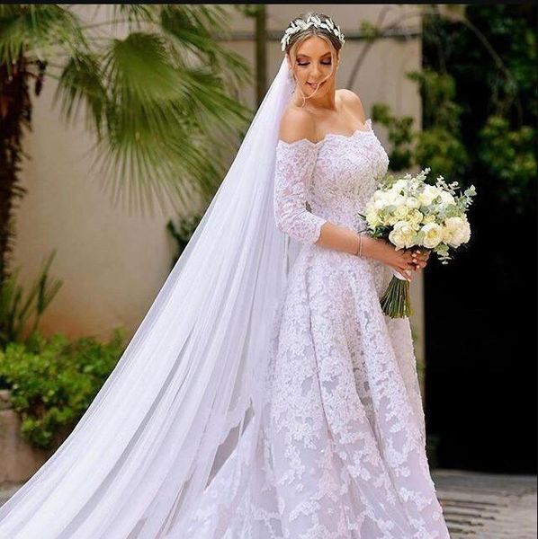 Organza vestido de casamento com laço apliques Scalloped decote 3/4 Uma linha de trem da varredura vestidos de noiva para mulheres elegante Plus Size 2020
