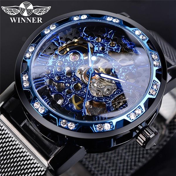 

high-end new watch mens fashion casual classic popular crystal hollow mesh belt manual mechanical watch, Slivery;brown