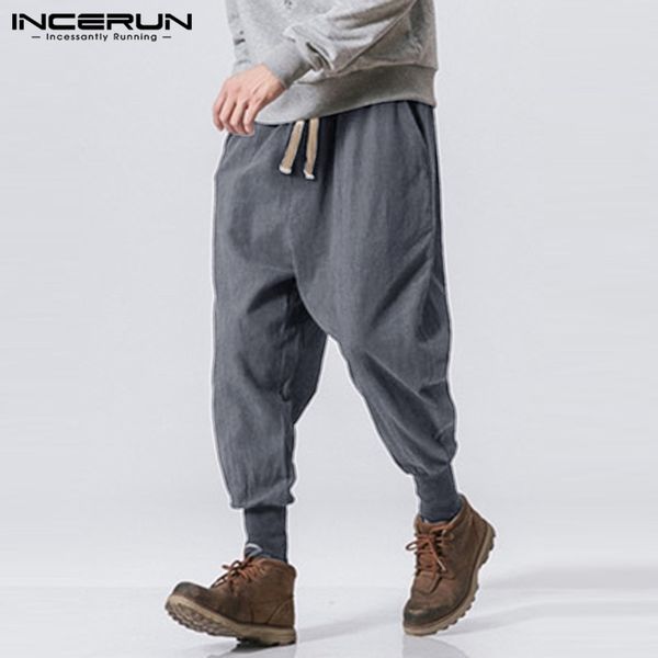 

incerun korean harajuku men solid casual harem pants mens sweatpants joggers fashion street cotton stretch elastic trousers 2019, Black