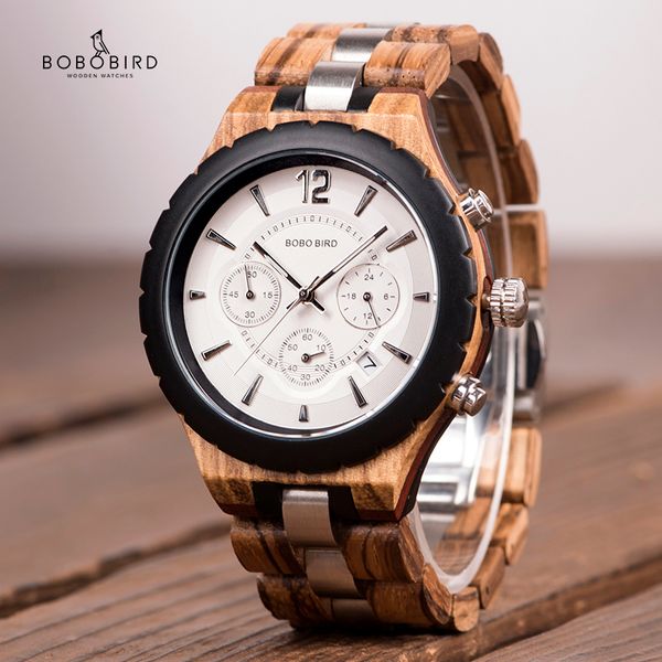 

bobo bird men watch luxury elegant wood metal chronograph auto date watches reloj hombre gift c-hr22 dropship ly191226, Slivery;brown