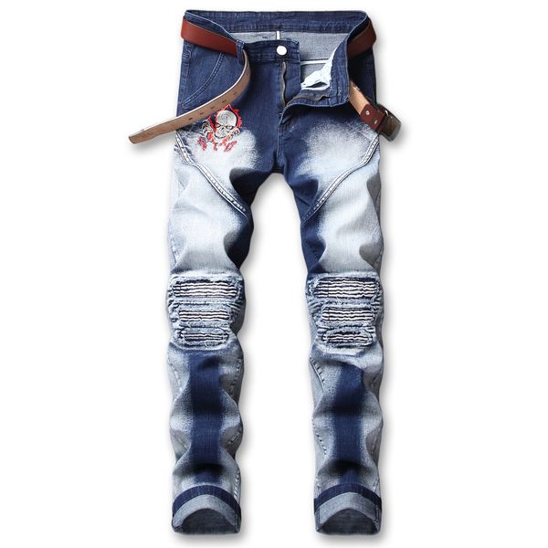 

new motorcycle wash elastic jeans men's new wrinkled and perforated jeans