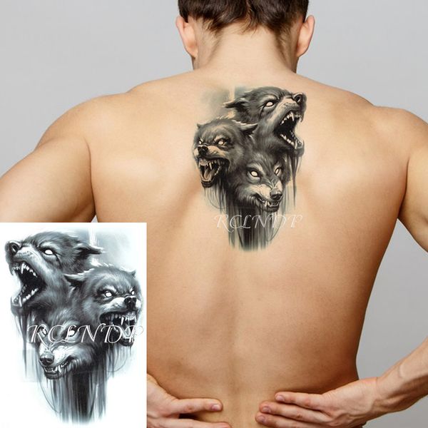 

waterproof temporary tattoo sticker three roaring wolves head animal cool fake tatto flash tatoo arm leg art for women men