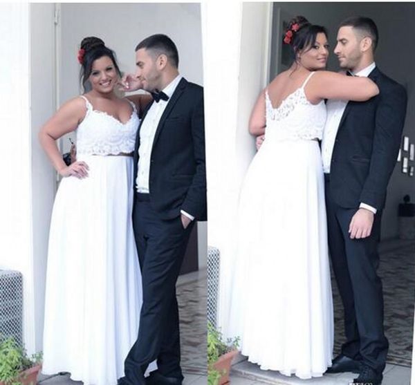 

lastest designer bohemian plus size wedding dresses with spaghetti straps two pieces lace applique chiffon boho wedding dress bridal gowns, White