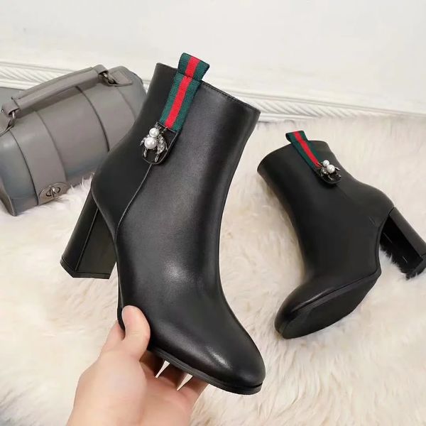 

fashion luxury09ss boots women brand half ankle boot lady designerss genuine leather dress boots casual shoes with box, Black
