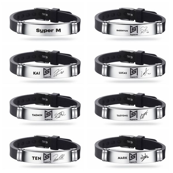 

k-pop superm baekhyun kai taemin taeyong mark lucas ten logo name stainless steel bracelet adjustable wristband fans collection, Golden;silver