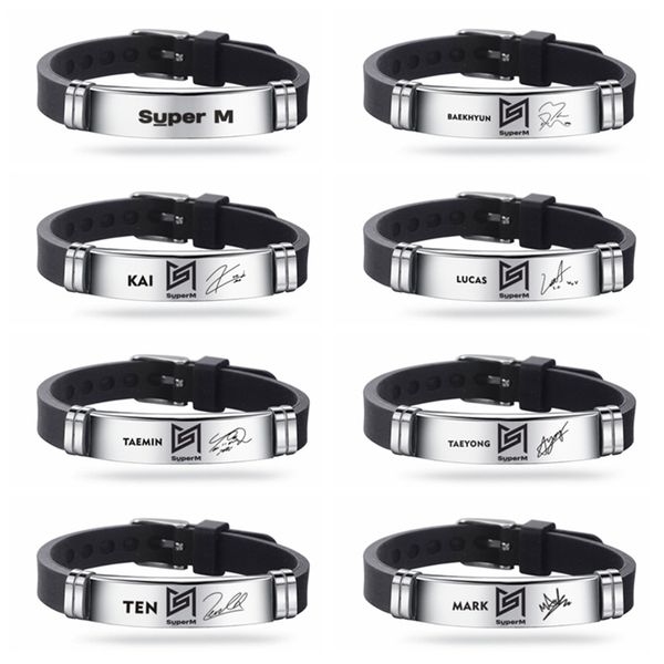 

k-pop superm baekhyun kai taemin taeyong mark lucas ten logo name stainless steel bracelet adjustable wristband fans collection, Golden;silver