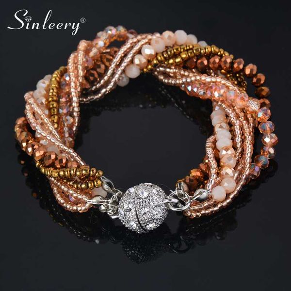 

sinleery boho 19cm fashion multicolor brown crystal beads multilayers wrap bangle bracelet for women chic accessories sl049 ssh, Golden;silver