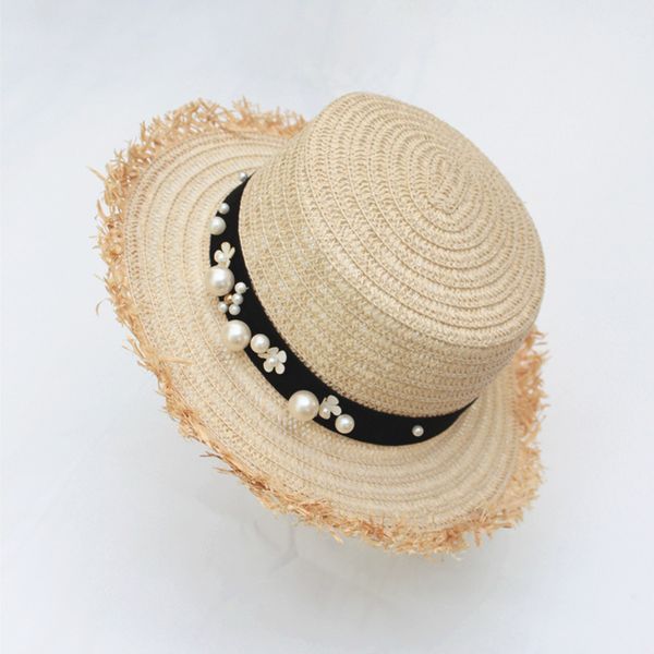 

straw sunshade hats casual big eaves cap wide brim sun hats seaside summer cowboy hats women pearl decor beach hat, Blue;gray