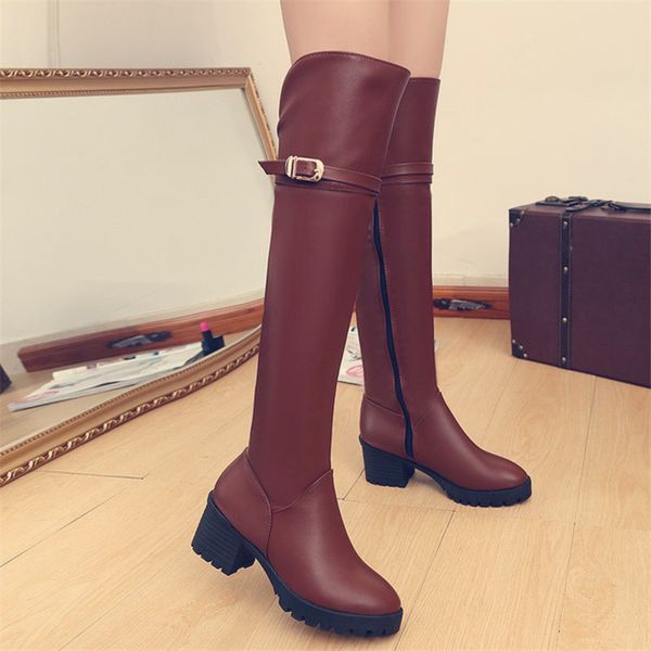 

new women's pu winter boots women's shoes flaftform over knee boots fashion, Black