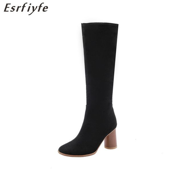 

esrfiyfe 2019 new women knee high boots woman thick heel autumn winter flock female fashion boots warm plush large size 34-48, Black