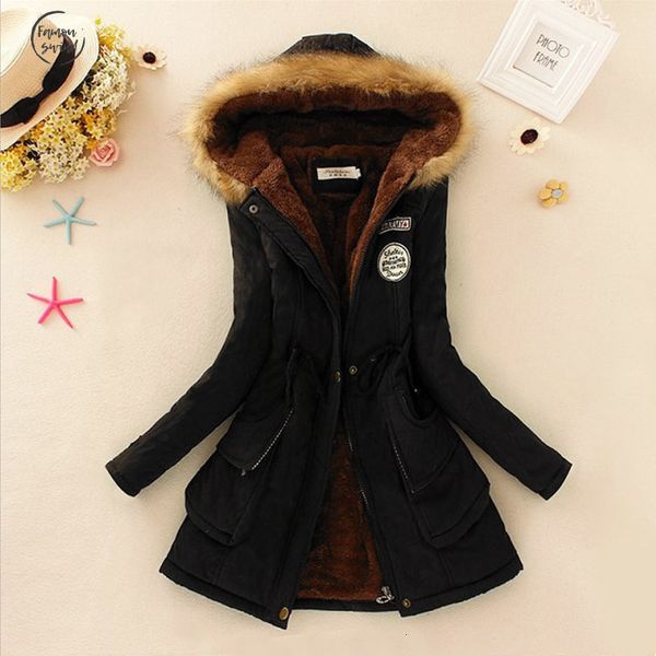 

женщины ветровка зимней мода осень теплого пальто куртка женщина меховой воротник с длинной parka плюс размер хлопок outwear, Black