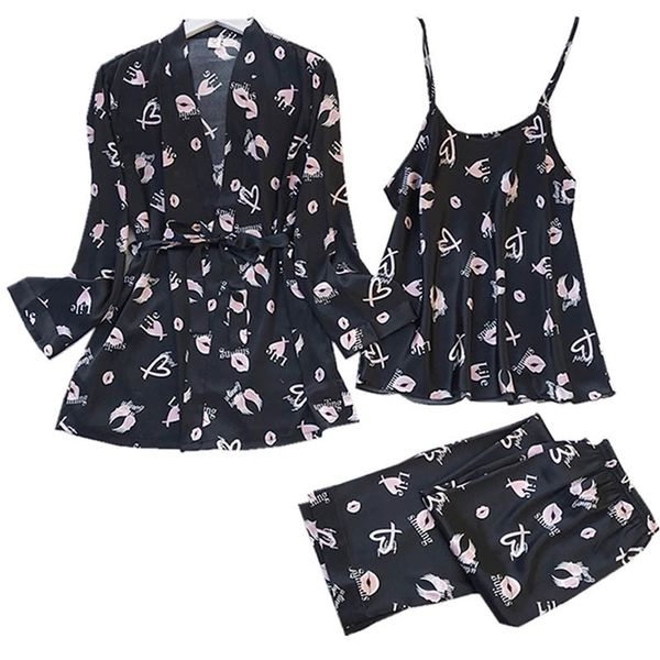 

осень дамы лед-шелк пижамы набор мягкий свободный корейский стиль пижамы милые и сексуальные 3шт femme тонкий домашняя одежда кардиган + кам, Black;red