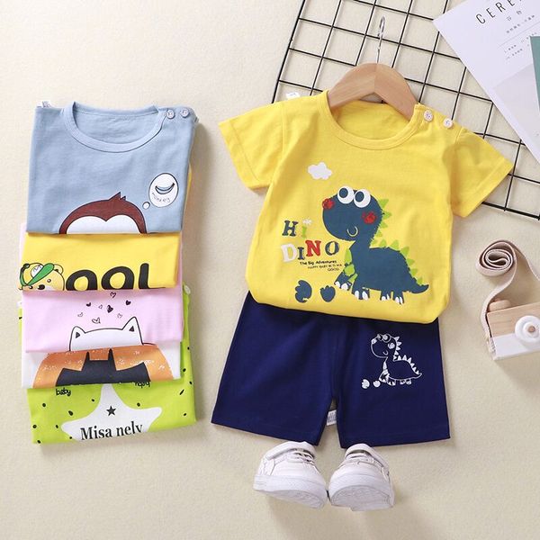 

3m-6t baby's suits 2pc/set summer cotton short sleeve cartoon baby girl boy suit o-neck pullover kids baby clothing set, White