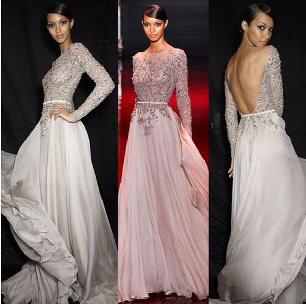 

abendkleider 2019 silver grey zuhair murad evening dresses backless beaded chiffon evening gowns long sleeve robe de soiree, Black;red