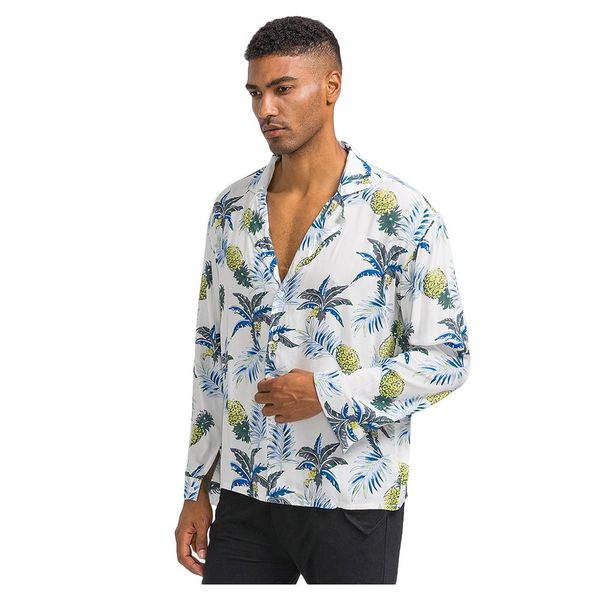 

mens casual fruit and tree printed hawaiian button camisas hombre slim fit long sleeve shirt men camisa masculina manga longa, White;black