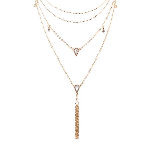

wholesale-fashion luxury designer multi layer metal chain diamond crystal pendant choker statement necklace for woman, Silver