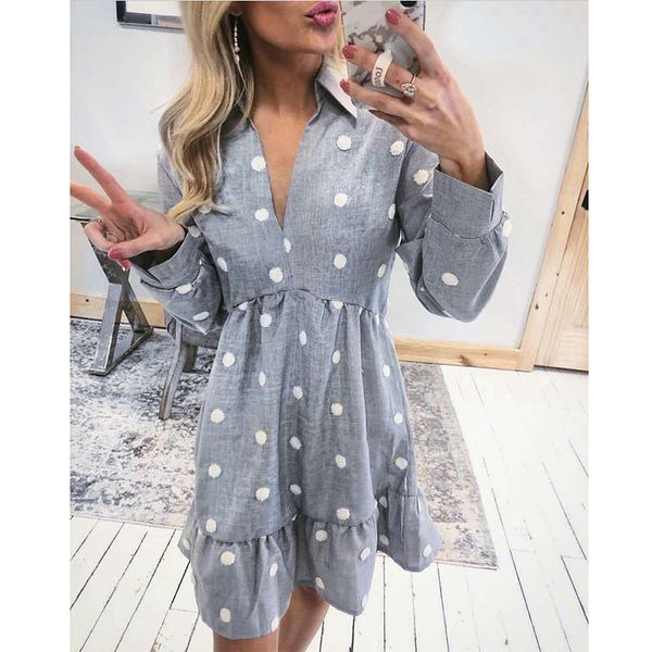 

ladies polka dot printed dress beautiful autumn winter slim print v-neck long-sleeved women's mini dress fashion dropshipping, Black;gray