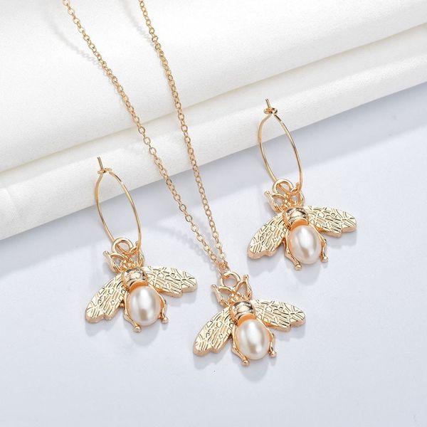 

3pcs/set women trendy earrings&necklace sets bee animal with pearl female jewelry women wedding jewelry gold chain sets, Silver