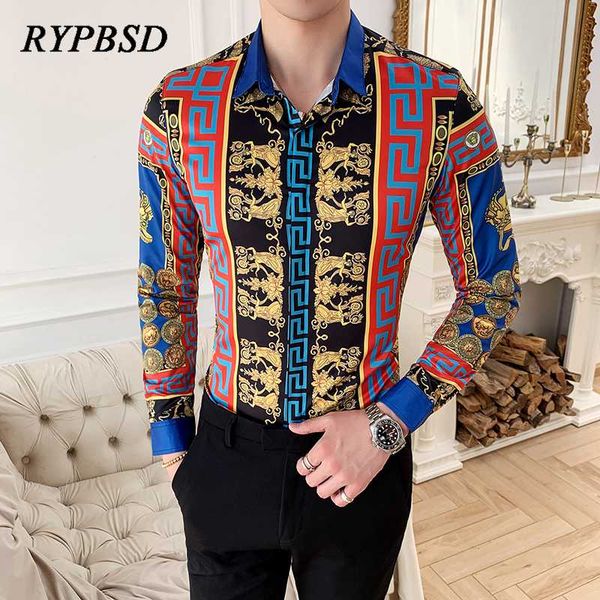 

luxury men dress shirts 2020 brand designer print baroque long sleeve floral mens shirts casual slim fit social chemise homme, White;black