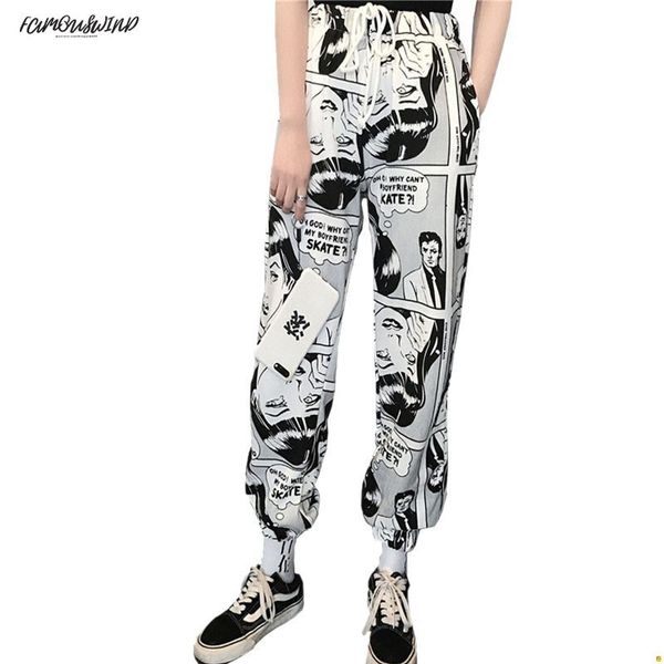 

print trousers drawstring pants elastic waist hip hop long pants polyester women harajuku high waist new fashion casual cartoon, Black;white