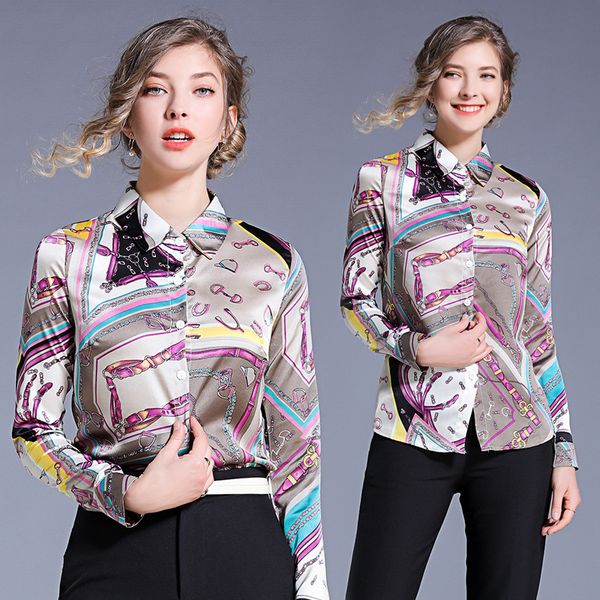 

2019 quality print runway blouses women long sleeve lapel neck button front ladies casual shirt plus size luxury office slim designer, White