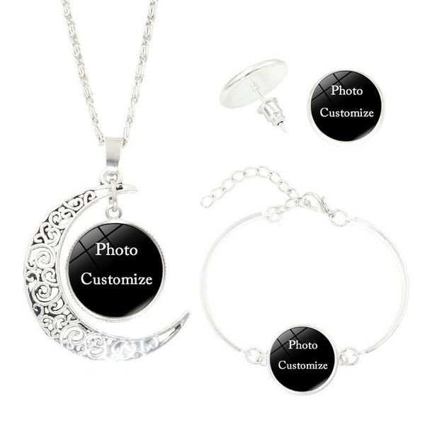 Medalhões de foto personalizados feitos à mão conjunto de jóias de vidro cabochão pingente lua colar parafuso prisioneiro dangle brincos pulseira pulseira presente da moda