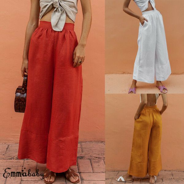 

2019 fashion women summer linen solid wide legs casual trousers holiday elasticated waist women summer pants new arrival, Black;white