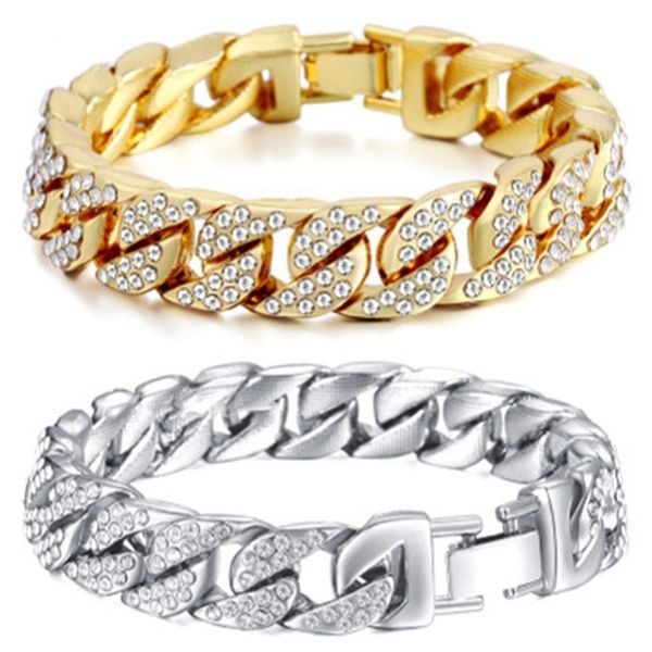 

14mm cuban bracelet for men gold silver color hip hop rhinestones cz rapper bracelet jewelry, Black