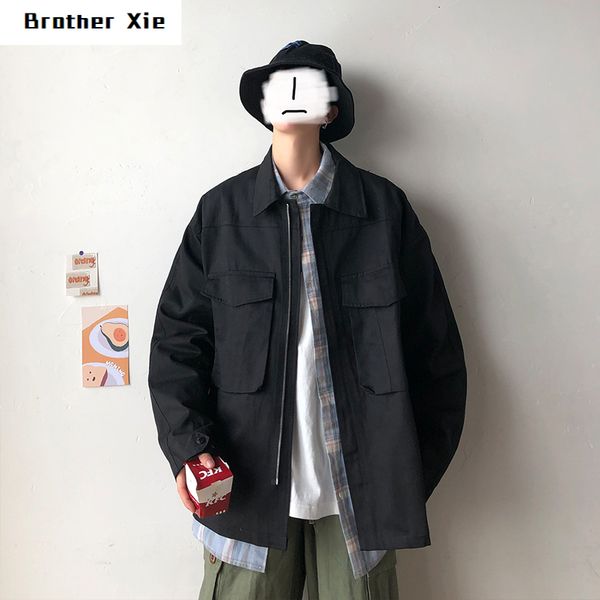 

autumn overalls jacket men's fashion solid color casual large pocket lapel jacket man streetwear wild loose bomber m-5xl, Black;brown