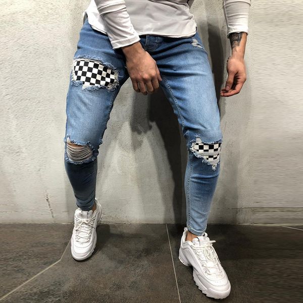 

mens denim jeans fashion badge worn patchwork skinny pants slim fit zipper destroyed gothic style ripped jeans, Blue