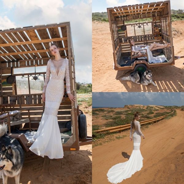 

limor rosen 2019 beach wedding dresses deep v neck lace chiffon long sleeve bohemia bridal gowns arabic mermaid wedding dress, White