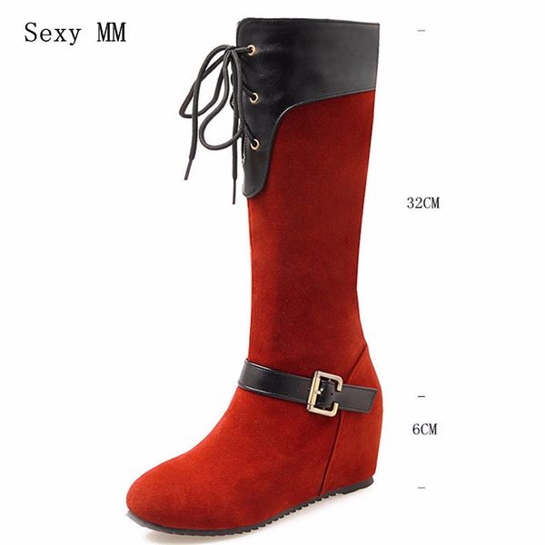 

spring autumn winter women mid calf boots wedges height increasing woman knee high boots ladies shoes plus size 34-40.41.42.43, Black
