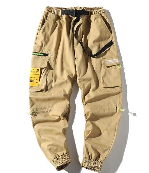 

men's pants loose casual zipper pockets drawstring cargo pants for male hip hop designer long trousers clothing homme, Black