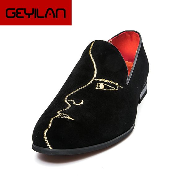 

2019 new mens fashion embroidery suede leather formal dress party shoes slip on round loafers night club casual shoes, Black