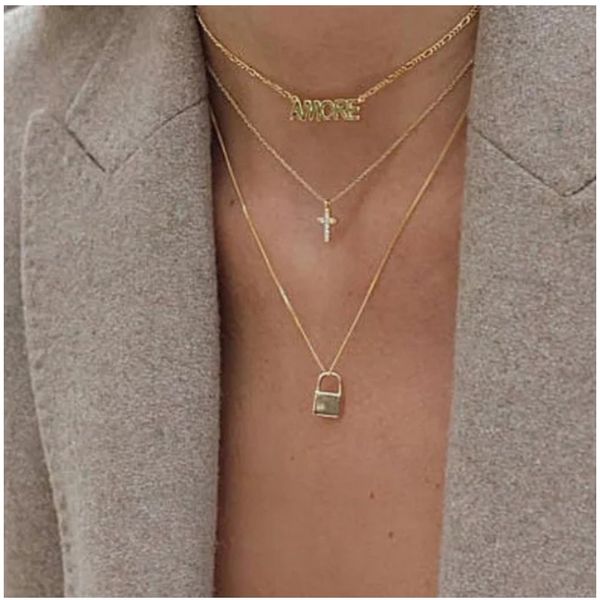 

women multi layered gold necklace & pendant 3 layers long chain necklace vintage letter cross lock necklaces jewelry, Silver