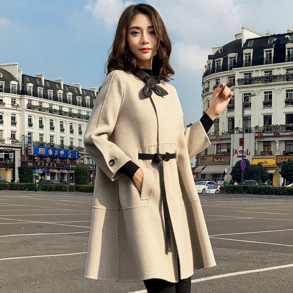 

2018 winter womens cloak wool coats long winter jackets sashes wool outerwear plaid cape coat, Black