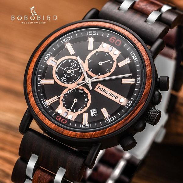 

relogio masculino bobo bird wooden watch men brand luxury stylish chronograph military watches in wooden box reloj hombre ly191206, Slivery;brown