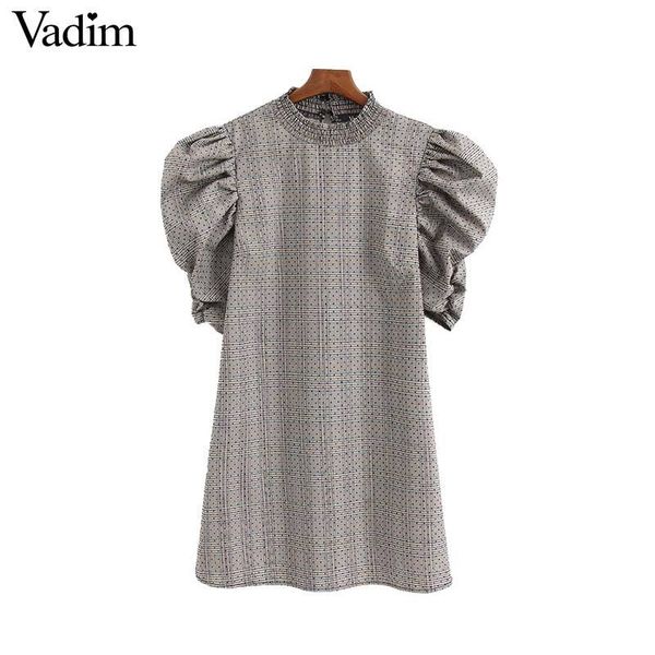 

vadim women vintage dots plaid print chic dress short puff sleeve female casual summer mini dresses office wear vestidos qd220, Black;pink