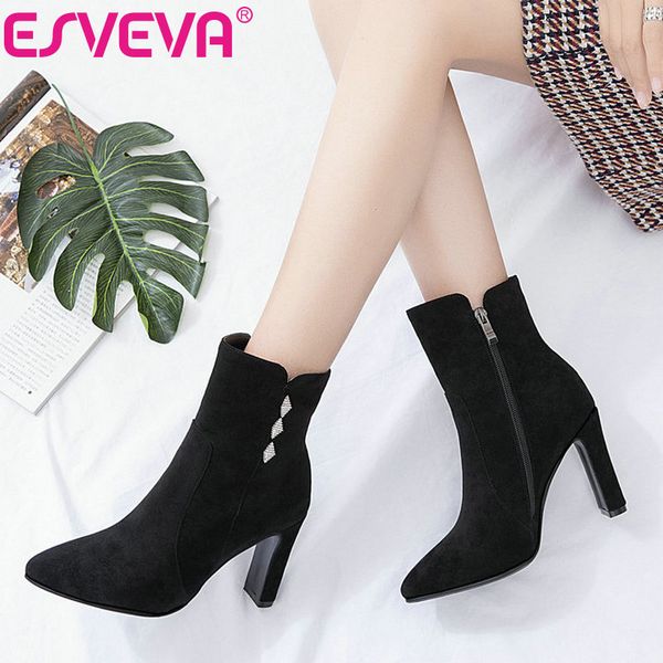 

esveva 2020 women shoes winter ankle boots western round toe flock+pu zipper square high heel motorcycle boot size 34-43, Black