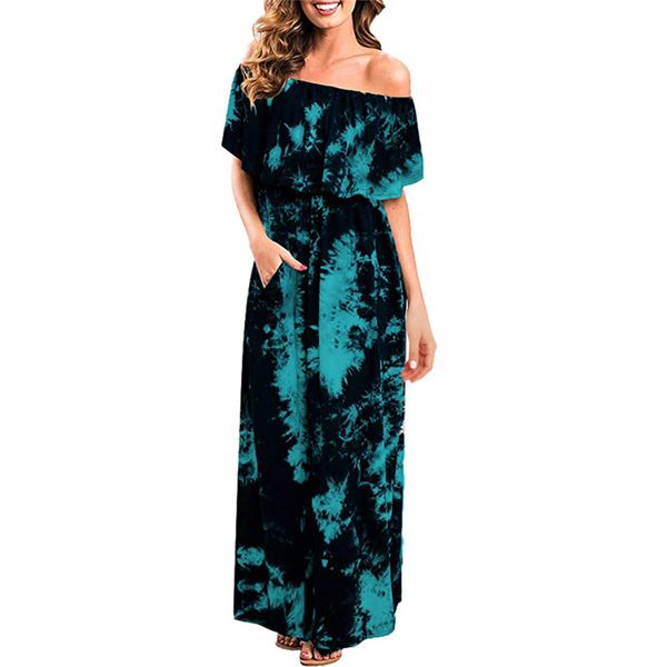 

jaycosin 2019 women summer dress sxy cold off shoulder ruffle party tie dye split maxi long dress sweet casual may23#4, Black;gray