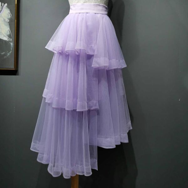 

2020 new spring and summer ruffles purple color sweet multi-layer high waist asymmetrical mesh skirt m058, Black