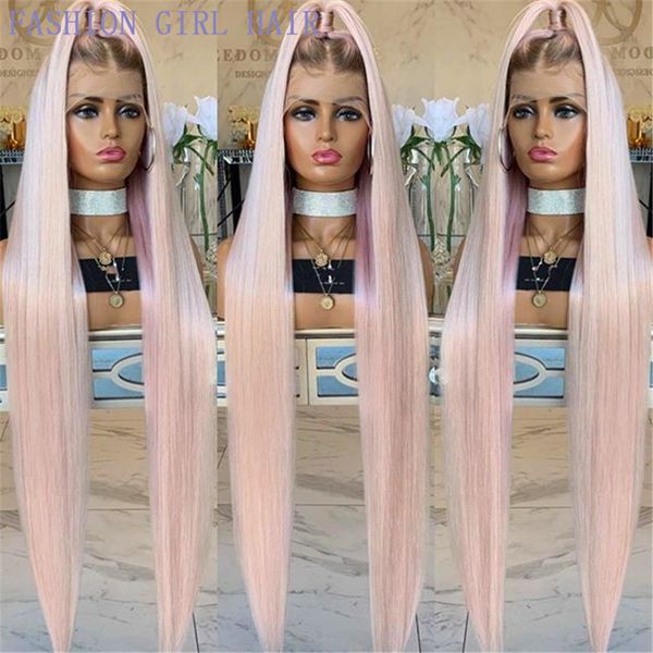

ombre long straight wigs synthetic light pink lace front wigs for women hair with brown roots heat resistant fiber wig, Black;brown