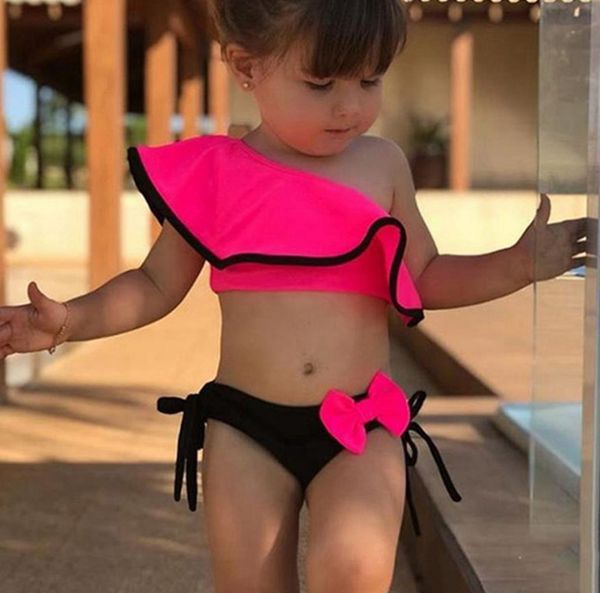 

baby girl swimwear children ruffled swimming suit two piece bownot bikini set swim cloths beach bathing costume 4 colors 5pcs dw4980, Blue