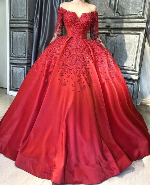 

Plus Size Ball Gown Evening Dresses Long 2019 Elegant Muslim Long Sleeve Quinceanera Prom Dresses With Pearls