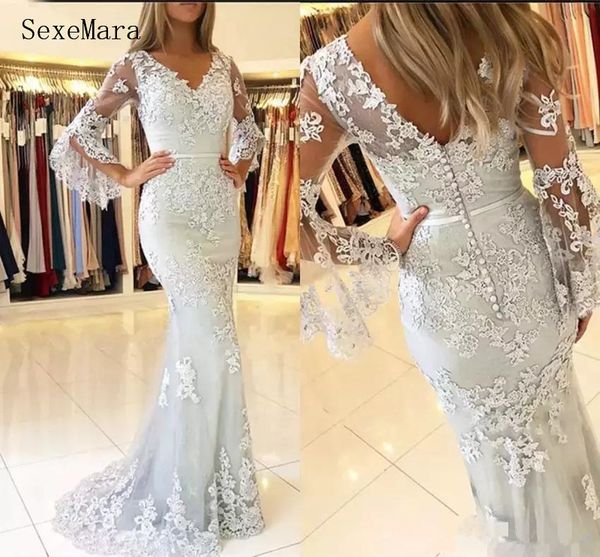 

v-neck bckless silm mermaid prom dress with lace appliques long sleeves sweep train long formal evenging gowns custm made, White;black