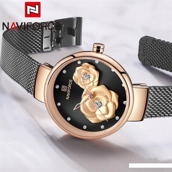 

naviforce women watch black rose gold ladies wristwatch mesh stainless steel bracelet flower female clock 5013, Slivery;brown