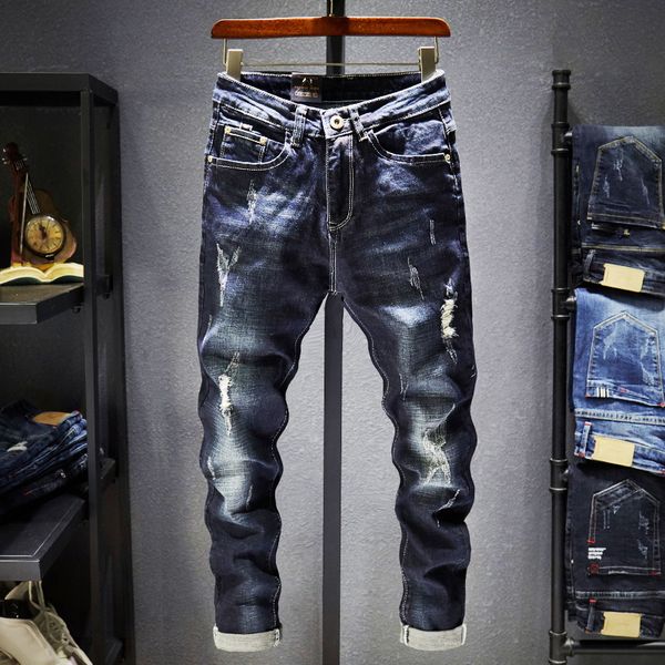 

men's elastic hollow jeans patches jeans slimming casual moto slim fit straight denim pants distressed trousers, Blue