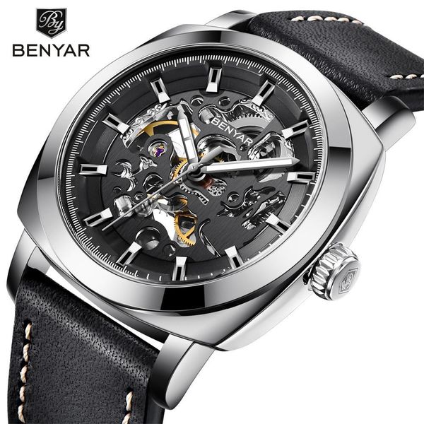 

relogio benyar мужские мужчина для часы top brand luxury автоматические механические мужчины бизнес водонепроницаемые спортивные часы часы h, Slivery;brown