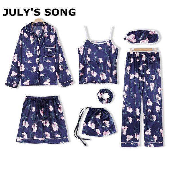 

july's song woman 7 pieces emulation silk pajamas autumn shorts woman pajamas set silk flower vintage female home wear clothing, Blue;gray
