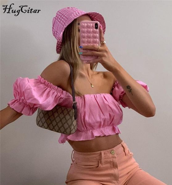

women's t-shirt hugcitar 2021 short puff sleeve slash neck crop ruffles summer women fashion streetwear pink cute pleated t-shirts, White